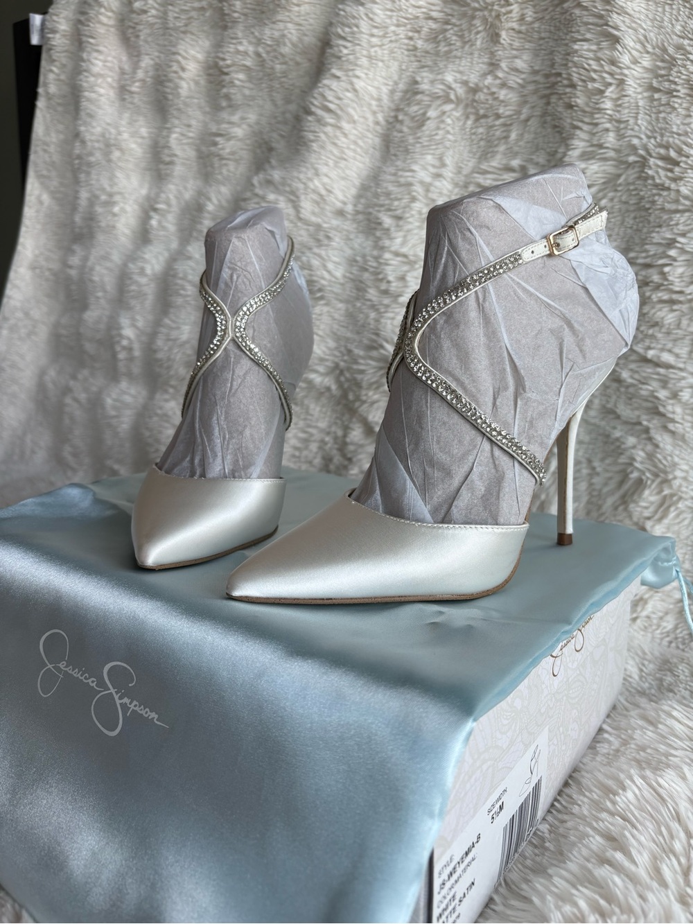 Jessica Simpson Ivory Satin Pointed-Toe Crystal-Strap Stiletto Heels